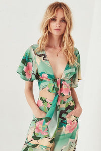 Floral Sexy V-neck Holiday Beach Wrap Blouse And Pants