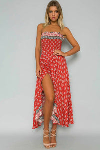 Red Floral Summer Sexy Off Shoulder Strapless Elastic Long Dress