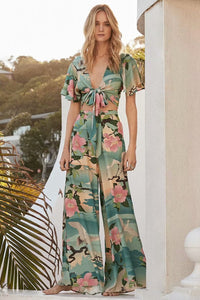 Floral Sexy V-neck Holiday Beach Wrap Blouse And Pants
