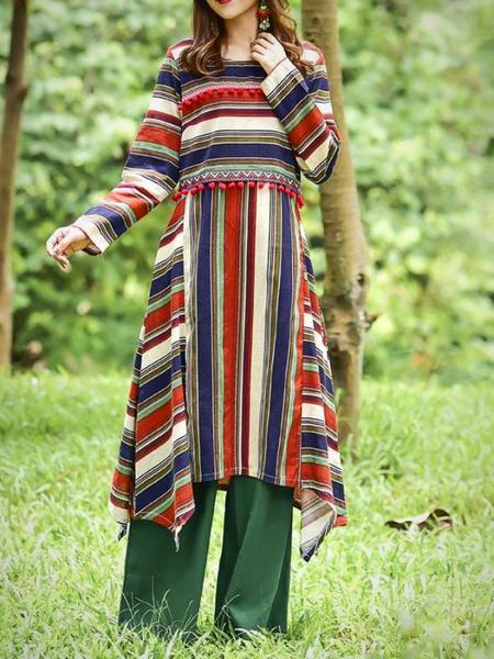 National Stripe Loose Long Sleeve Midi Dress