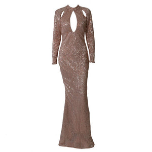 Autumn Sequins Pleated Round Neck Long Sleeves Hollowed Out Mopping Evening Dress
