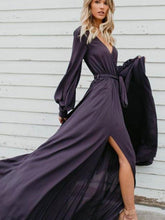 Load image into Gallery viewer, Lace V-Neck Split Long-Sleeved Ruffled Maxi Dress