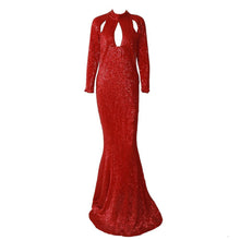 Load image into Gallery viewer, Autumn Sequins Pleated Round Neck Long Sleeves Hollowed Out Mopping Evening Dress