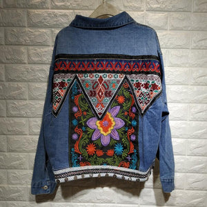 Bohemian Back Embroidery Fold-over Collar Jeans Jacket Long Sleeve Coat