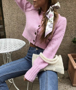 Lose Long Sleeve Solid Color Hollow Out Knit Short Cardigan Sweater Outwear