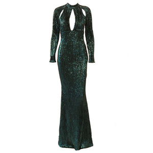 Autumn Sequins Pleated Round Neck Long Sleeves Hollowed Out Mopping Evening Dress
