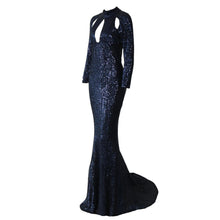 Load image into Gallery viewer, Autumn Sequins Pleated Round Neck Long Sleeves Hollowed Out Mopping Evening Dress