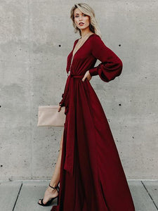Lace V-Neck Split Long-Sleeved Ruffled Maxi Dress