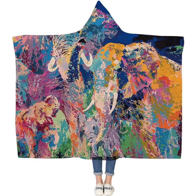 Elephant Series Ins Winter Hoodie Cape Blanket Cloak Plus Thick Double-layered Plush Digital Print Lazy Blanket