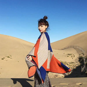 Oversized Thickening Winter Color Block Cloak Shawl