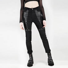 Load image into Gallery viewer, Casual Gothic Pants Women Halloween Sexy Leather Blet Patchwork Mid Cargo Pants Black Full Length Trousers