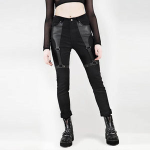 Casual Gothic Pants Women Halloween Sexy Leather Blet Patchwork Mid Cargo Pants Black Full Length Trousers