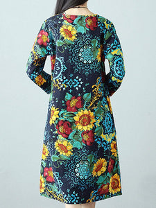 Casual Printed O-Neck Long Sleeve A-Line Women Dresses