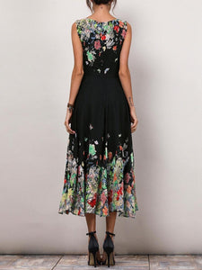 Casual Floral Print Sleeveless A-line Midi Dress