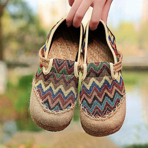 Vintage Pattern Colorful Stripe Flax National Wind Retro Slip On Flat Shoes