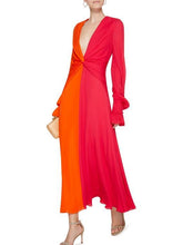 Load image into Gallery viewer, Spring New Deep V Contrast Knot Lotus Leaf Petal Sleeve Maxi Dress