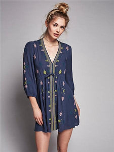 Hot Sale Sleeve lace waist Bohemia V-neck embroidery dress