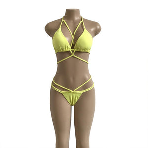 Strap knit button back bikini swimsuit with 14 colors