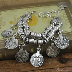 Vintage bohemian vintage engraved ancient coins tassel pendant bracelet & anklet