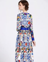 Load image into Gallery viewer, Elegant Print V Neck Long Sleeve Evening Maxi Long Dress