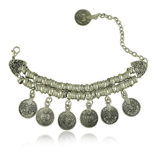 Vintage bohemian vintage engraved ancient coins tassel pendant bracelet & anklet