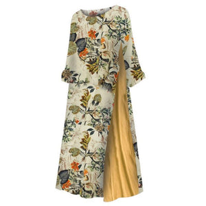 Autumn Long Dress Women Floral Print Boho Dress Three Quarter Sleeve O-neck Collar Dress Ladies Patchwork Loose Dresses