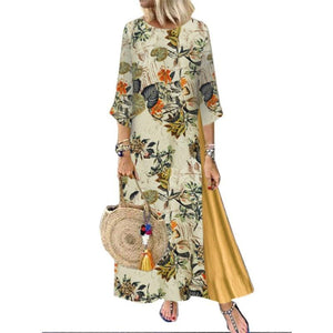 Autumn Long Dress Women Floral Print Boho Dress Three Quarter Sleeve O-neck Collar Dress Ladies Patchwork Loose Dresses