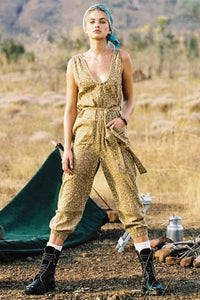 Boho Mustard Color Leopard Print Loose Deep Round Neck Tie Holiday Jumpsuit