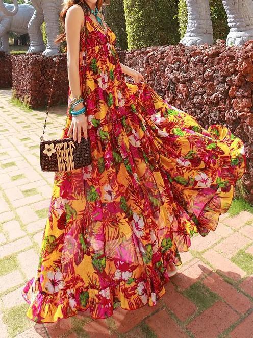 Bohemian Chiffon Dress Ladies Floral Printed Deep V-neck Sexy Spaghetti Strap Backless Summer Maxi Dress