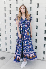 Load image into Gallery viewer, navy floral boho dress frill hem V-neck loose gypsy style holiday summer dress causla chic women dress
