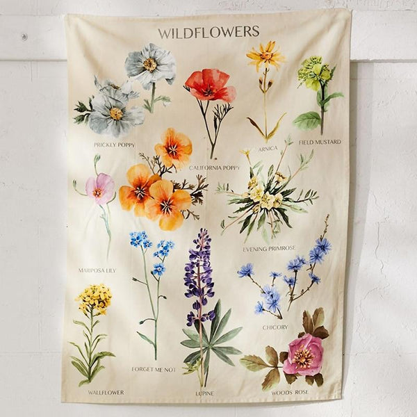 Botanical Wildflower Tapestry Wall Hanging Flower Reference Chart Hippie Bohemian Tapestries Colorful Psychedelic Home Decor
