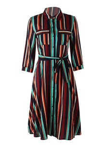 Spring Casual Stripes Lapel Shirt Midi Dress