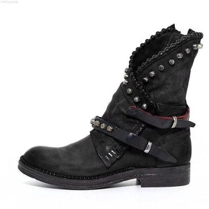 Autumn Winter Woman Mid-Calf PU Leather Round Toe Shoes Low Heel Rivet Cool Motorcycle Boots