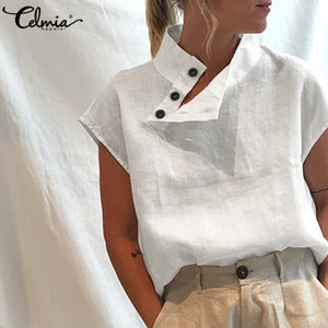 Celmia Stylish Tunic Tops Plus Size Women Short Sleeve Summer Blouses Buttons Solid Cotton Linen Tops Casual Loose Blusas Femme