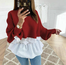 Load image into Gallery viewer, Colorblock Insert Ruffles Ribbed Batwing Sleeve Blouses Women Autumn Long Sleeve Casual Blouse Tops Streetwear