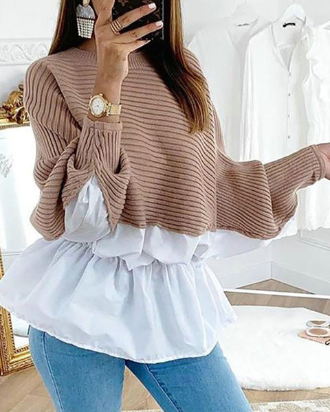 Colorblock Insert Ruffles Ribbed Batwing Sleeve Blouses Women Autumn Long Sleeve Casual Blouse Tops Streetwear