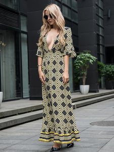 Fashion Popular Floral-Print Falbala Short Sleeve Deep V Neck Maxi Long Dress