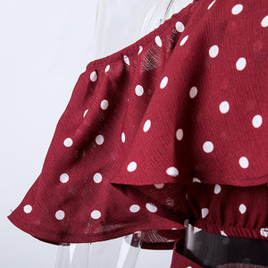 Vintage Dot Off Shoulder Red Split Dress