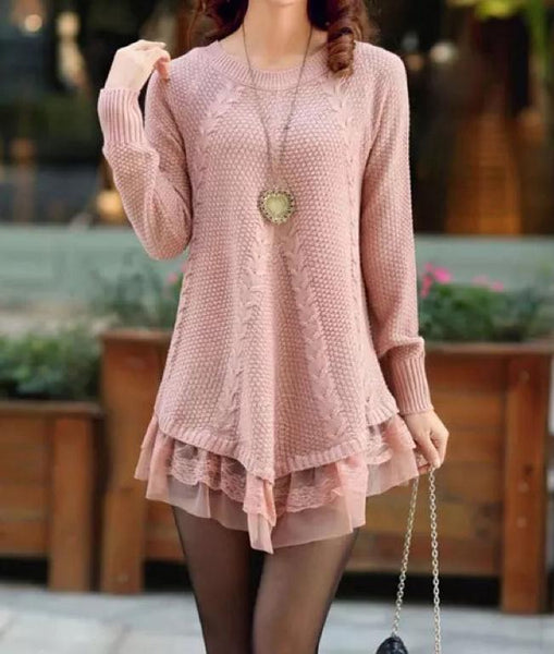 Women Long Sleeve Lace Stitching Pure Color Knitted Sweaters