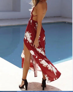 Beach fashion Sexy Backless Long Print Dress V-neck Dress 2018