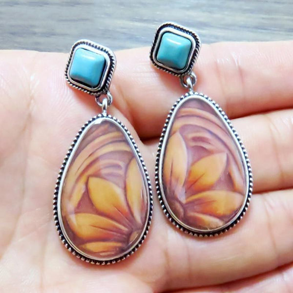 Fashion Vintage Silver Turquoises  Earring Big Oval Water Droplet Sun Flower Pattern Dangle Earrings for Women Boho Jewelry