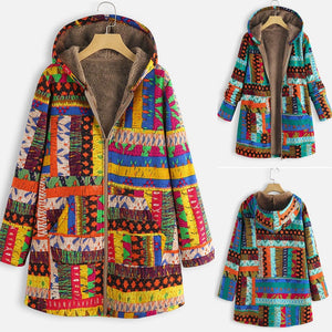 Women Parkas Winter Warm Outwear Floral Printing Hooded Pockets Oversize Hasp Inlaid Cotton Coats