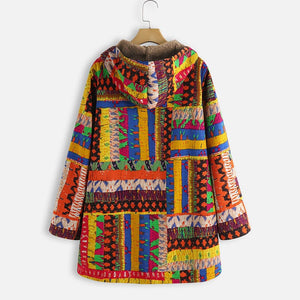 Women Parkas Winter Warm Outwear Floral Printing Hooded Pockets Oversize Hasp Inlaid Cotton Coats