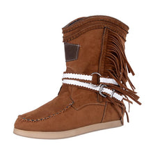 Load image into Gallery viewer, Fringe Midden Laarzen Vrouwen Sexy Kwastje Laarzen Mode Gesp Motorlaarzen Platte Hak Laars Vrouwen Cowboy Stijl  Boot