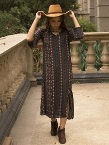 Bohemia Stripe Long Sleeve Side Split Maxi Dress