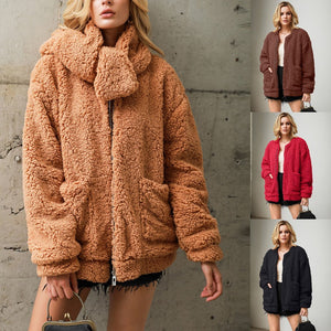 Women's Warm Faux Fur Loose Plush Scarf Coat Casual Solid Outwear Jackets With Pockets