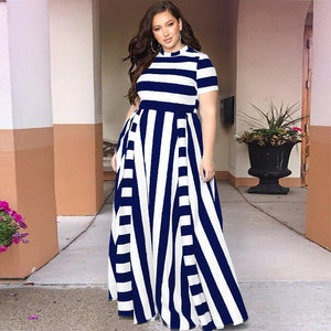 Hot Selling WOMEN'S Dress Loose-Fit Crew Neck Horizontal And Vertical Stripes Large Size Dress