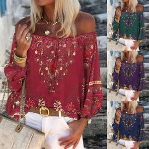 Floral Print Blouse Women Lace Thin Long Sleeve Off Shoulder Summer Tops Shirts