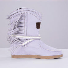 Load image into Gallery viewer, Fringe Midden Laarzen Vrouwen Sexy Kwastje Laarzen Mode Gesp Motorlaarzen Platte Hak Laars Vrouwen Cowboy Stijl  Boot