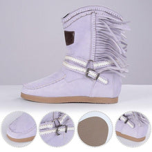 Load image into Gallery viewer, Fringe Midden Laarzen Vrouwen Sexy Kwastje Laarzen Mode Gesp Motorlaarzen Platte Hak Laars Vrouwen Cowboy Stijl  Boot